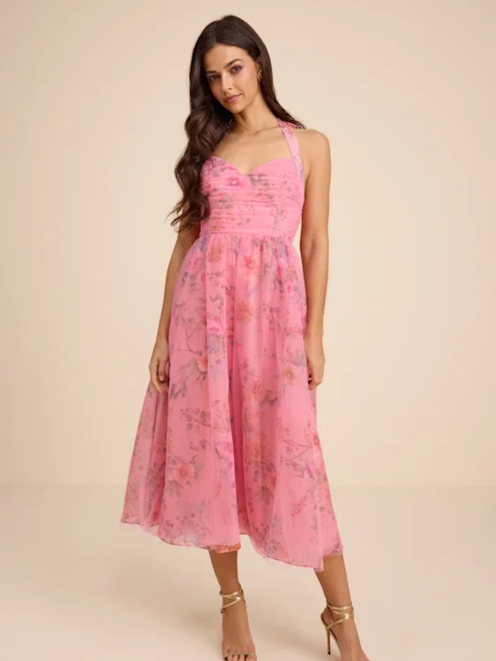 Pink Floral Halter Midi Dress